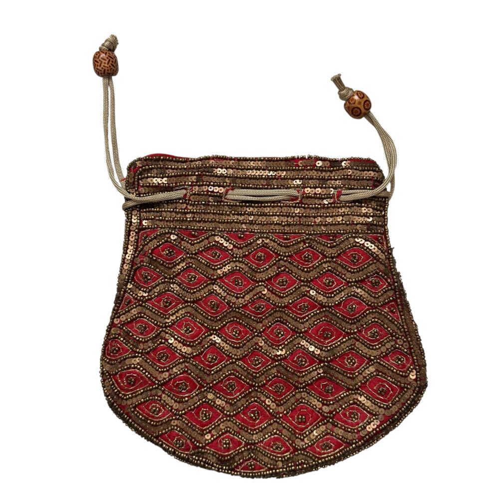 Beaded Red Gold Bronze Pouch Purse Bag Satin Lined Wood Bead Sequin Drawstring